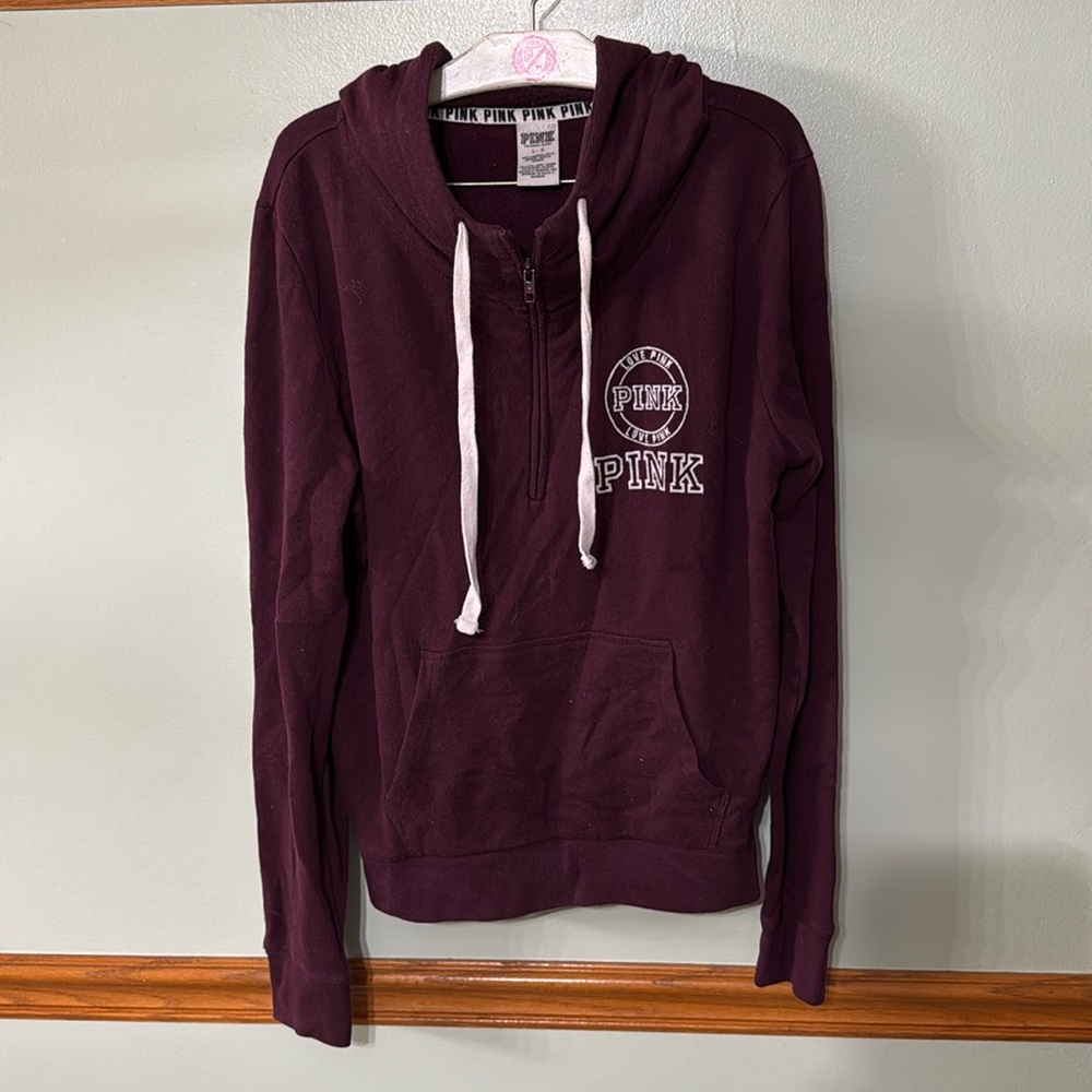 PINK brand hooded quarter zip. Maroon size: Large. Embroidered logo on front.